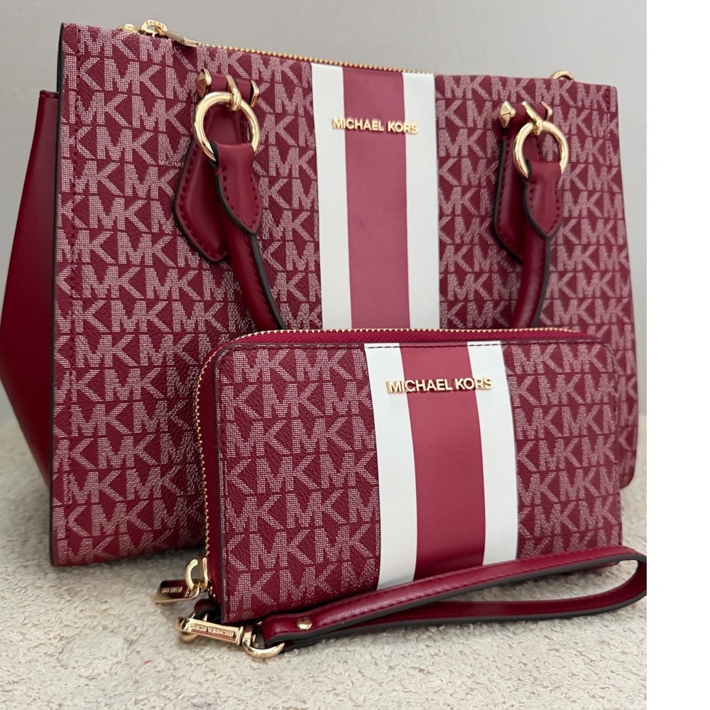 Michael Kors Burgundy Monogram Stripe Satchel Crossbody Bag and Wallet Wristlet - Picture 2 of 16